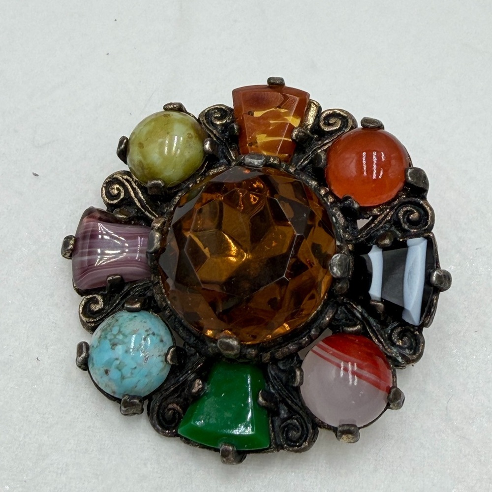 Vintage Miracle  Silver Brooch  with Multicolor Stones